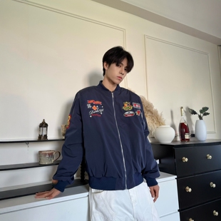 DHSS美式复古徽章刺绣飞行夹克男女宽松夹棉春季高街百搭休闲外套