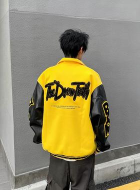 DHSS美式字母重磅刺绣拼色棒球服夹克男女宽松翻领情侣高街外套