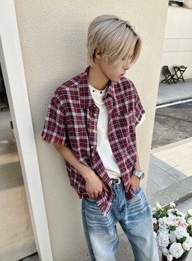 DHSS美式复古红色格子毛边短袖衬衫男女宽松cleanfit衬衣流苏外套
