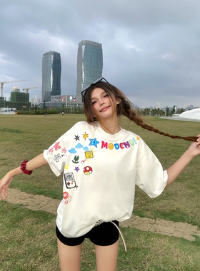 DHSS美式涂鸦卡通印花短袖男女宽松圆领夏季潮牌情侣街头半袖t恤