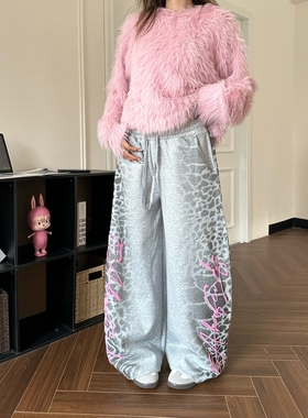 DHSS美式字母印花豹纹休闲裤男女宽松直筒阔腿运动慵懒拖地长裤