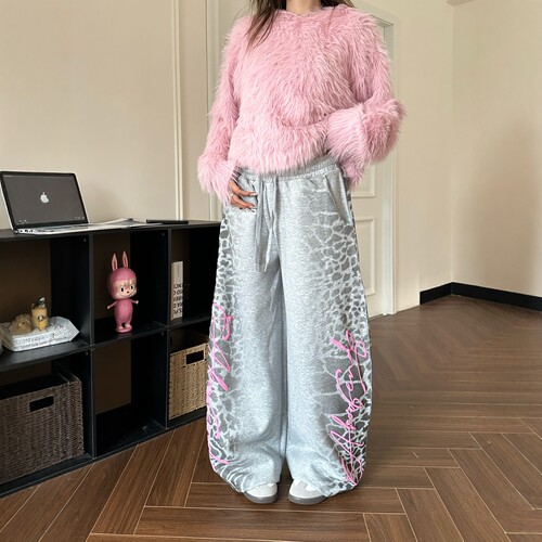 美式字母印花豹纹休闲裤拖地长裤