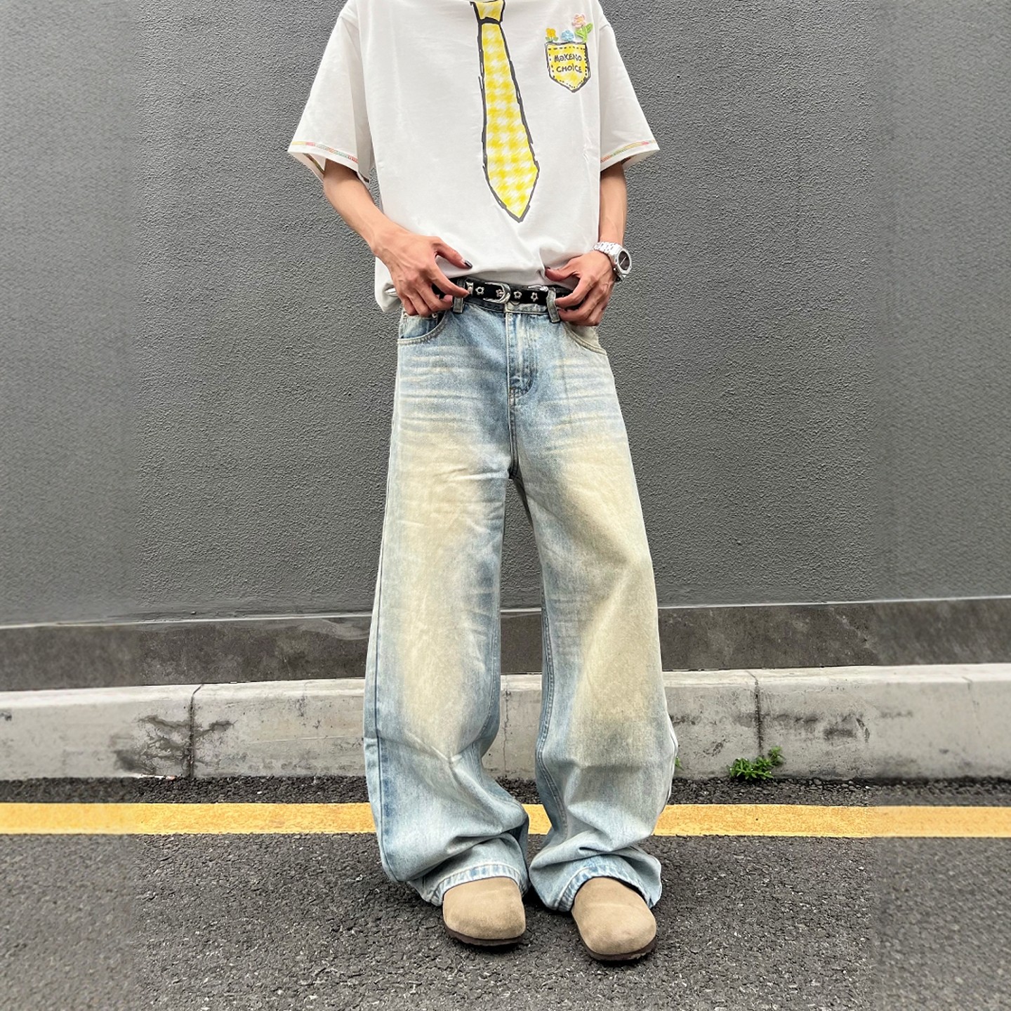 DHSS美式复古水洗做旧直筒牛仔裤男女宽松阔腿垂感cleanfit裤子