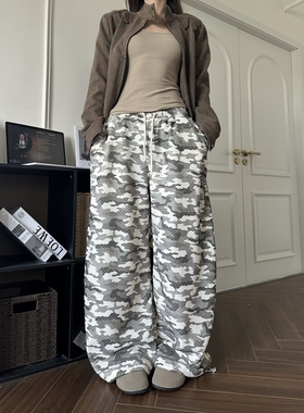 DHSS美式街头铆钉迷彩裤男女宽松阔腿弯刀直筒百搭街舞休闲长裤