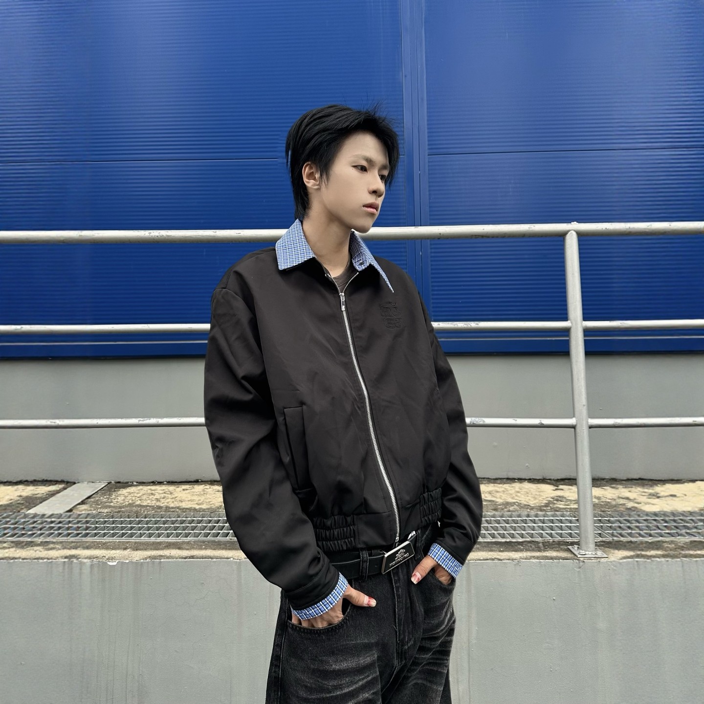 DHSS美式复古翻领格子夹棉夹克男女宽松工装短宽拼接休闲加厚外套