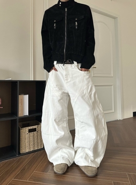 DHSS美式复古白色解构工装弯刀牛仔裤男女宽松廓形cleanfit裤子