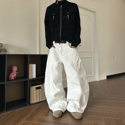 美式复古白色解构工装弯刀牛仔裤
