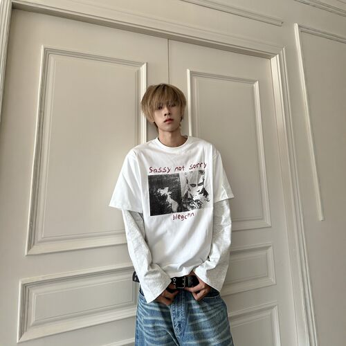 美式做旧人像假两件长袖T恤