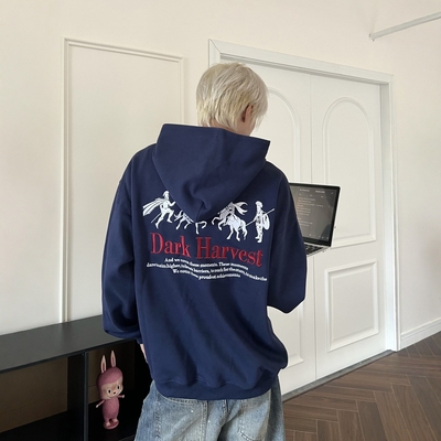 美式复古战马刺绣连帽卫衣