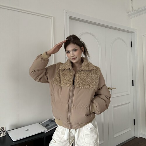 DHSS美式复古毛领拼接面包服棉衣