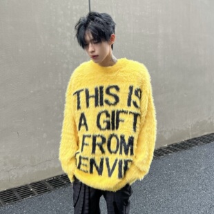 DHSS美式复古马海毛字母毛衣情侣宽松秋冬慵懒百搭休闲针织衫上衣