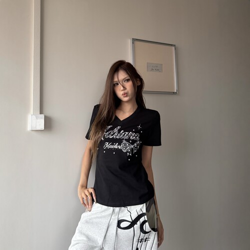 DHSS美式辣妹V领钉珠短袖T恤