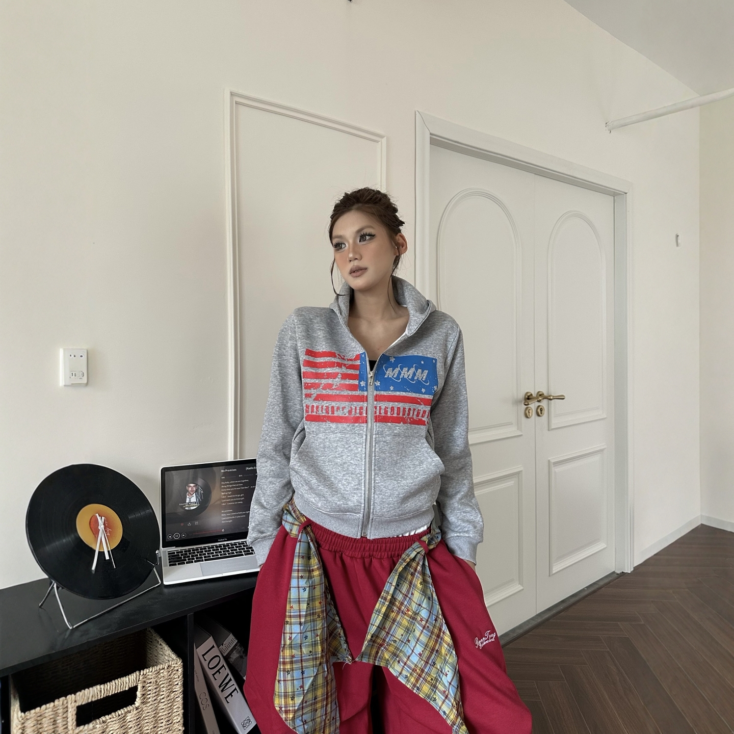 美式复古旗帜印花开衫连帽卫衣