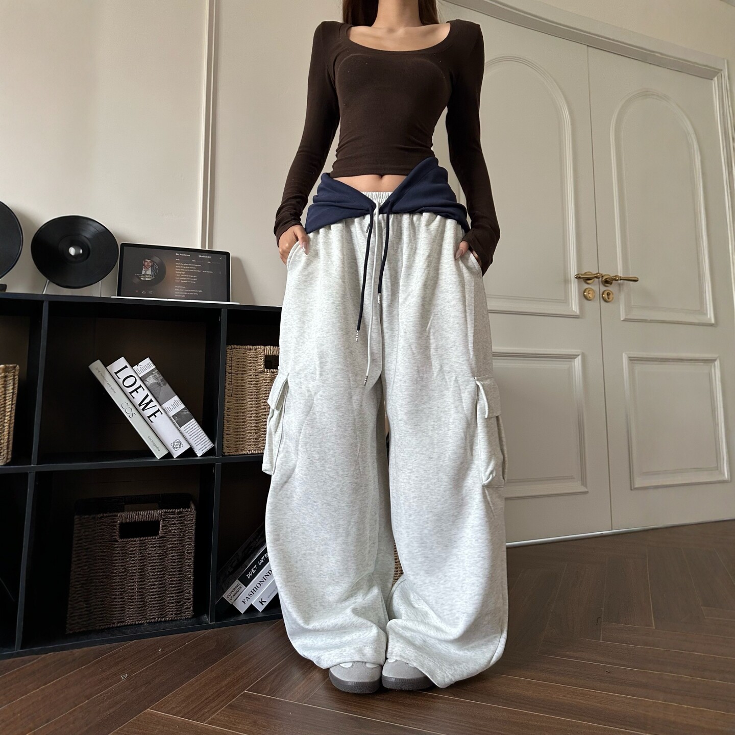 DHSS美式复古假两件屁帘休闲裤男女宽松弯刀拖地垂感阔腿工装卫裤