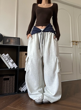 DHSS美式复古假两件屁帘休闲裤男女宽松弯刀拖地垂感阔腿工装卫裤