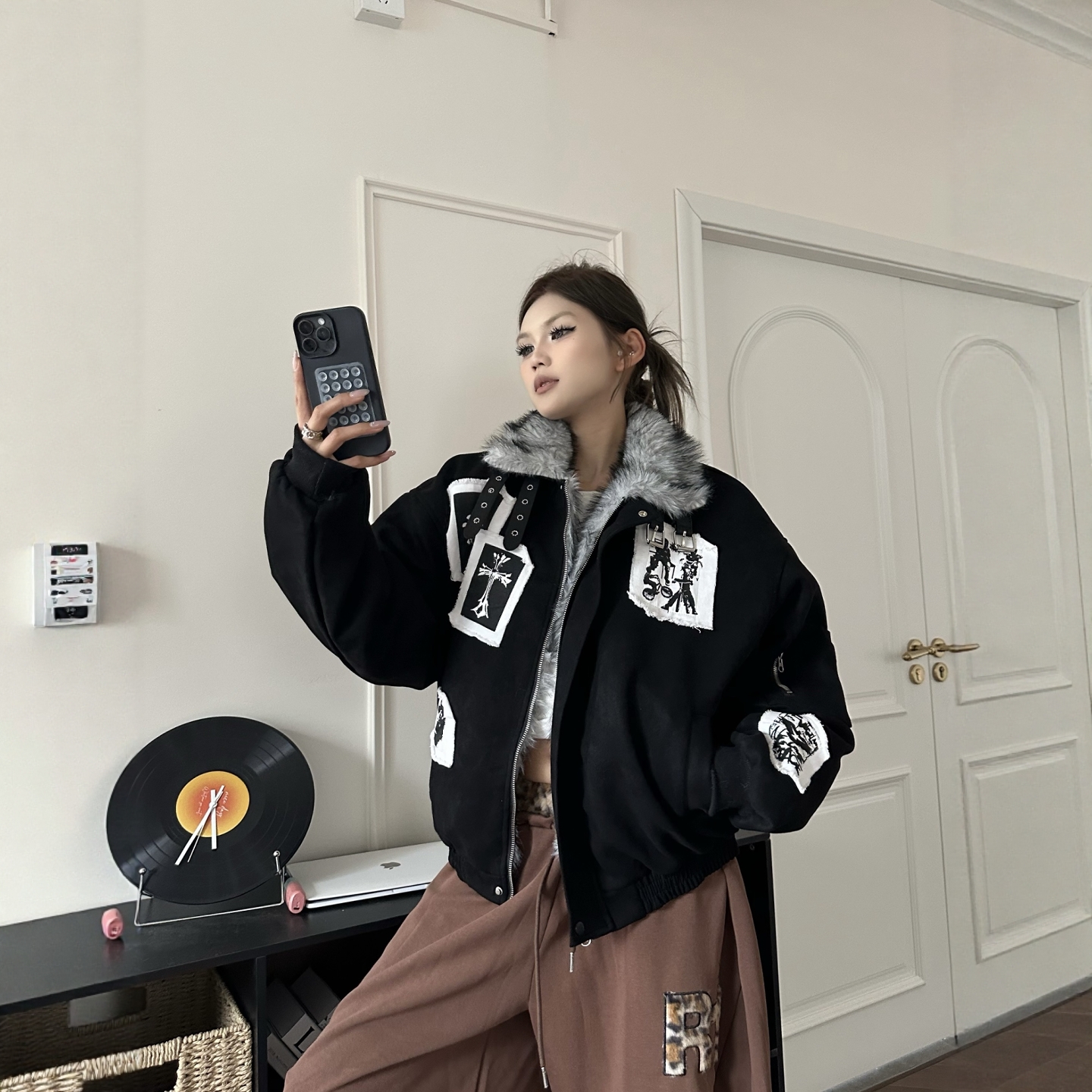 DHSS美式贴布毛领座山雕棉服外套