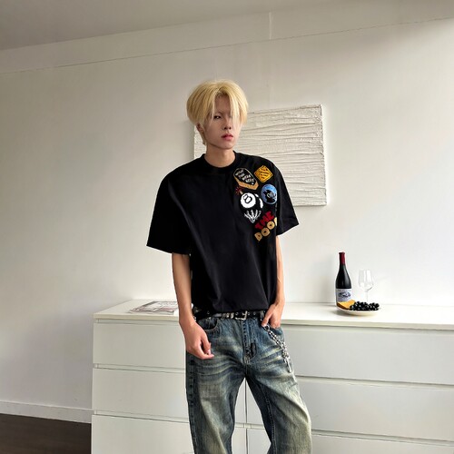 美式街头徽章植绒刺绣情侣短袖