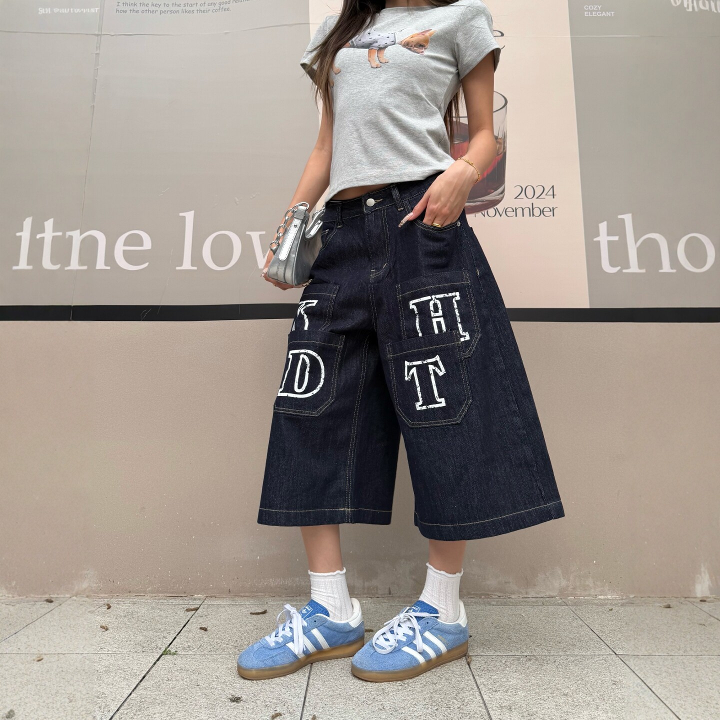 DHSS美式复古字母多口袋牛仔七分裤男女夏季宽松阔腿水洗高街裤子