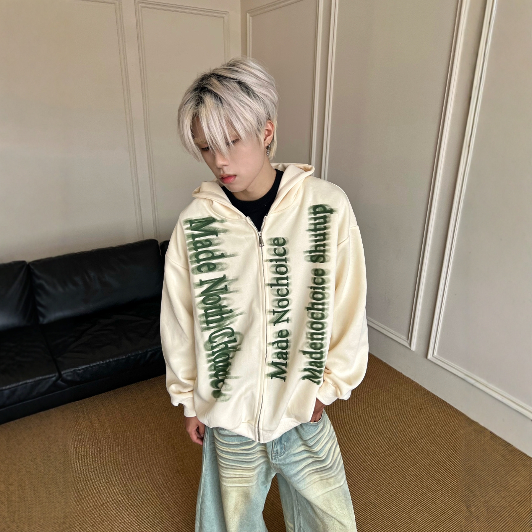 美式街头字母印花连帽开衫卫衣