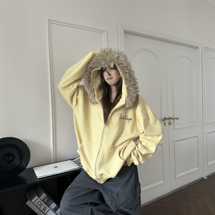 DHSS美式 外套 复古条纹毛领连帽加绒卫衣男女宽松秋冬氛围感开衫