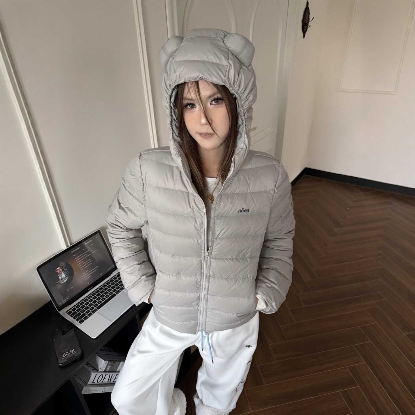 DHSS美式小熊耳朵连帽排骨90白鸭绒羽绒服男女休闲轻薄保暖外套
