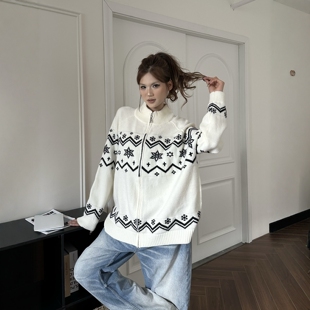 DHSS美式复古费尔岛开衫毛衣男女宽松秋冬百搭慵懒提花针织衫外套