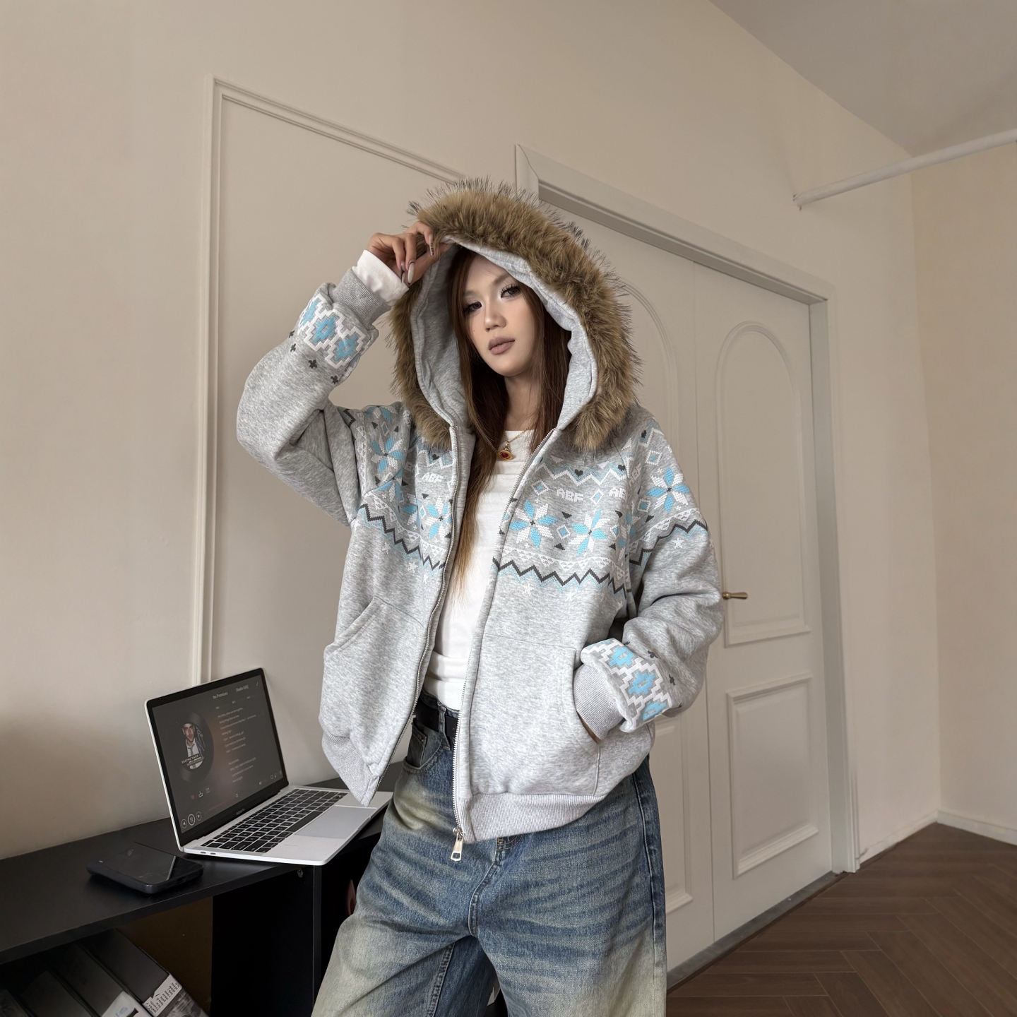 美式复古费尔岛可拆卸毛领卫衣