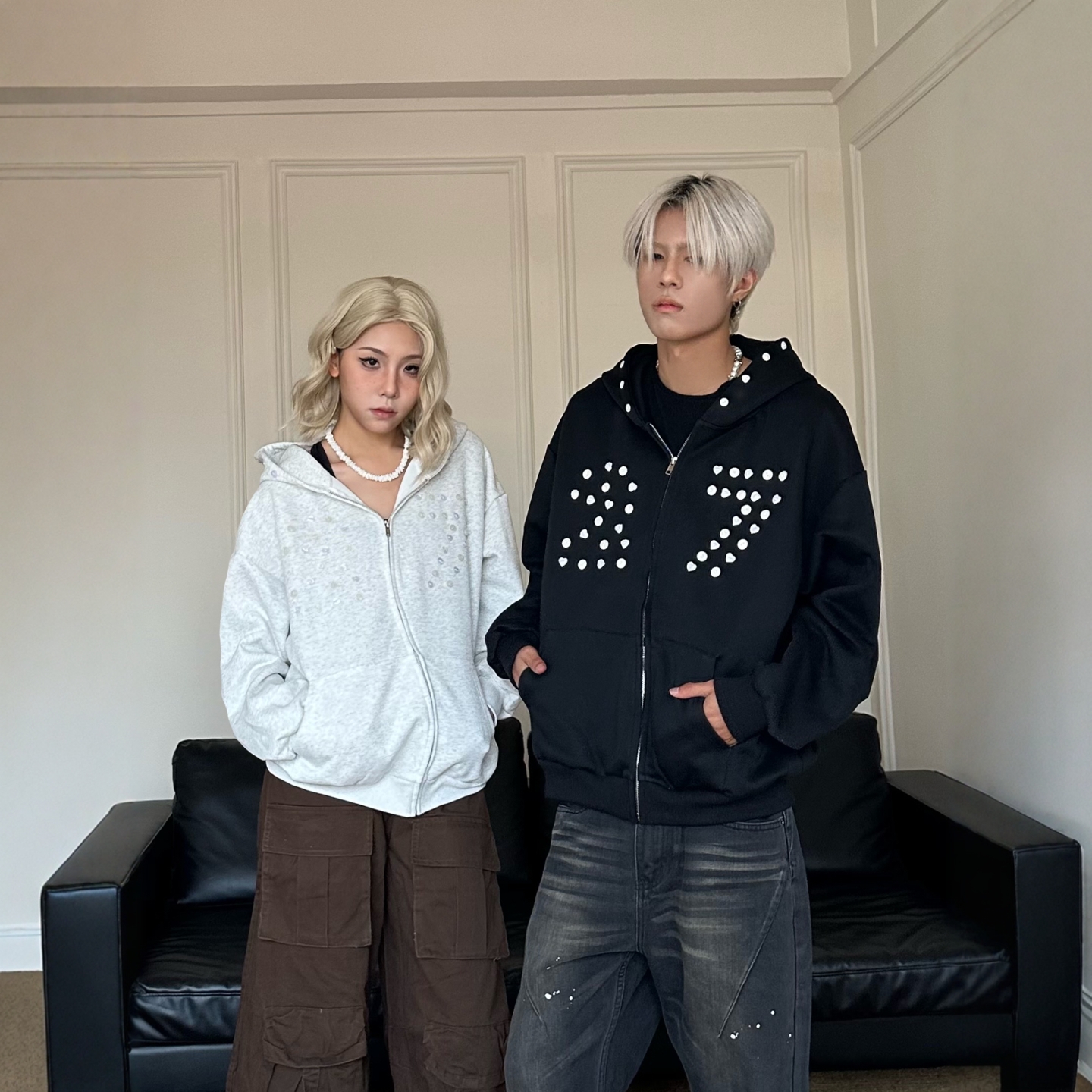 DHSS美式复古纽扣开衫连帽卫衣