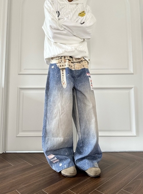 DHSS美式复古做旧3D打印腰带牛仔裤男女宽松阔腿高街直筒拖地裤子