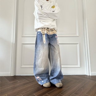DHSS美式复古做旧3D打印腰带牛仔裤男女宽松阔腿高街直筒拖地裤子
