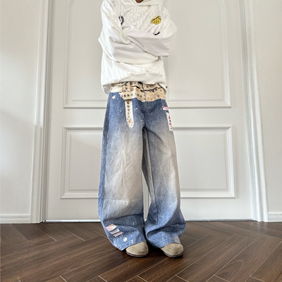 DHSS美式复古3D打印牛仔裤