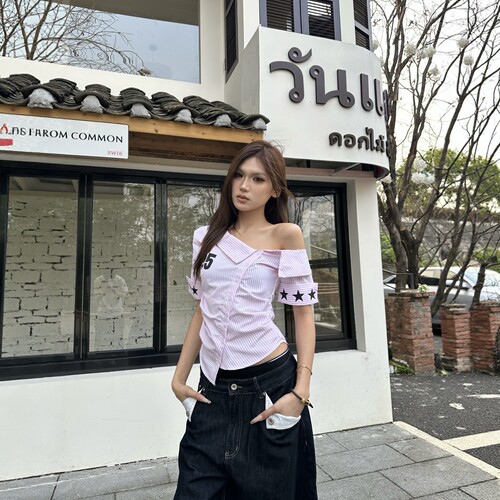 夏季斜肩条纹短袖显瘦衬衫