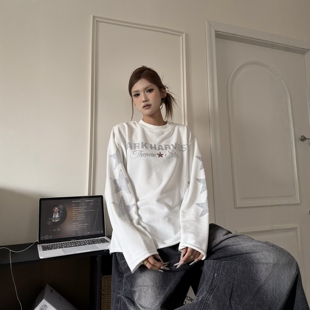 情侣宽松慵懒打底卫衣 T恤春季 DHSS美式 复古字母星星烫钻圆领长袖