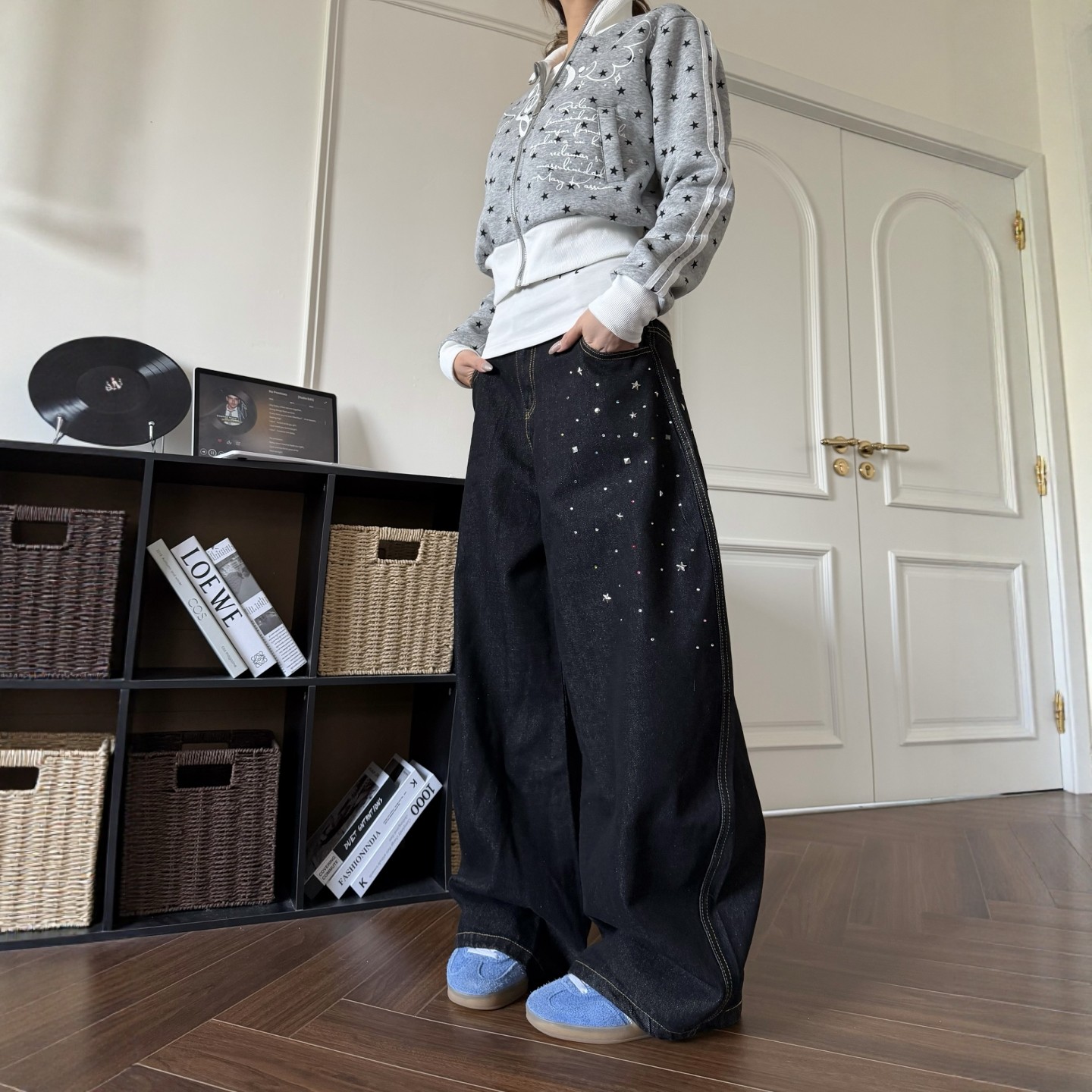 DHSS美式复古做旧烫钻牛仔裤男女宽松直筒阔腿垂感弯刀水洗长裤