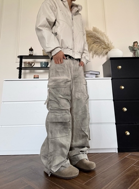 DHSS美式街头废土风做旧脏染多口袋工装裤男女宽松小众阔腿休闲裤