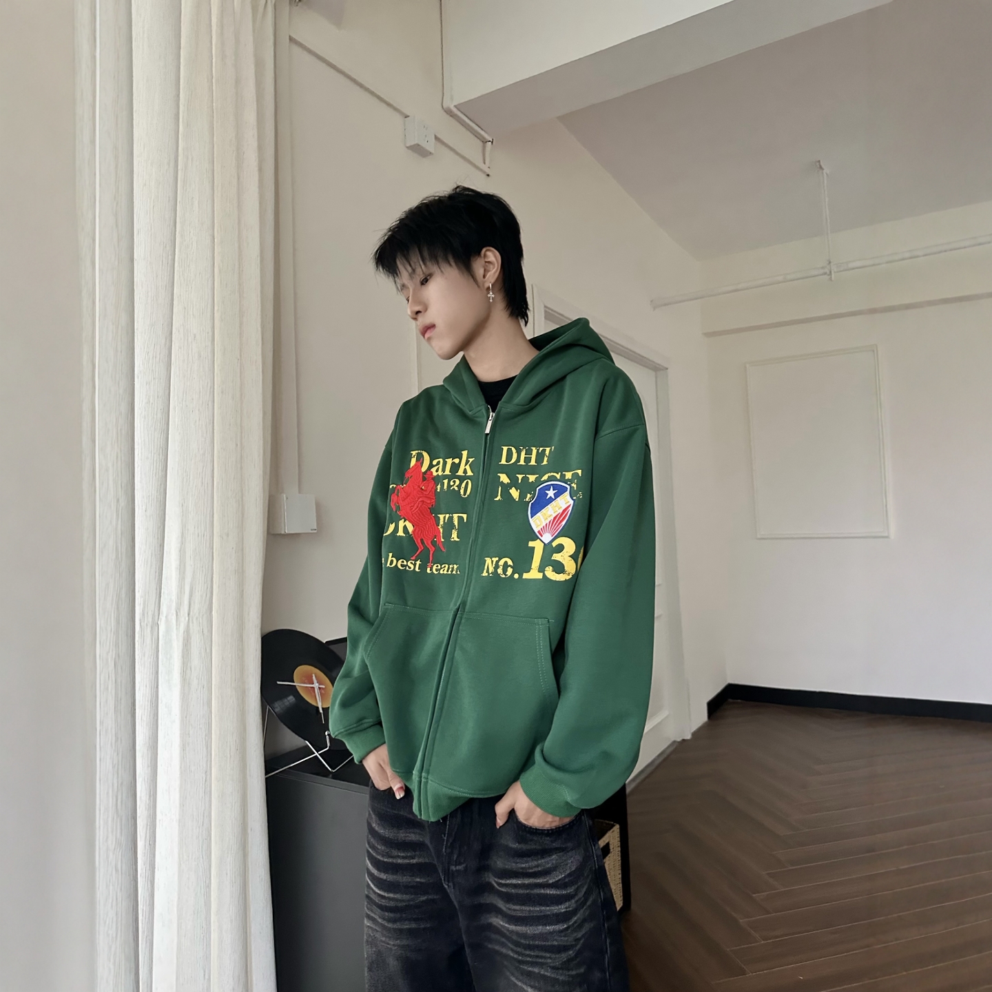 DHSS美式复古战马刺绣开衫卫衣