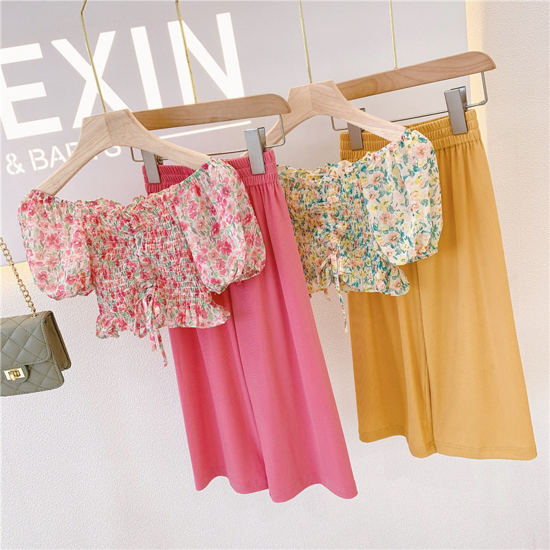 夏季女童套装2026女宝宝碎花泡泡袖一字领雪纺上衣+阔脚裤两件套