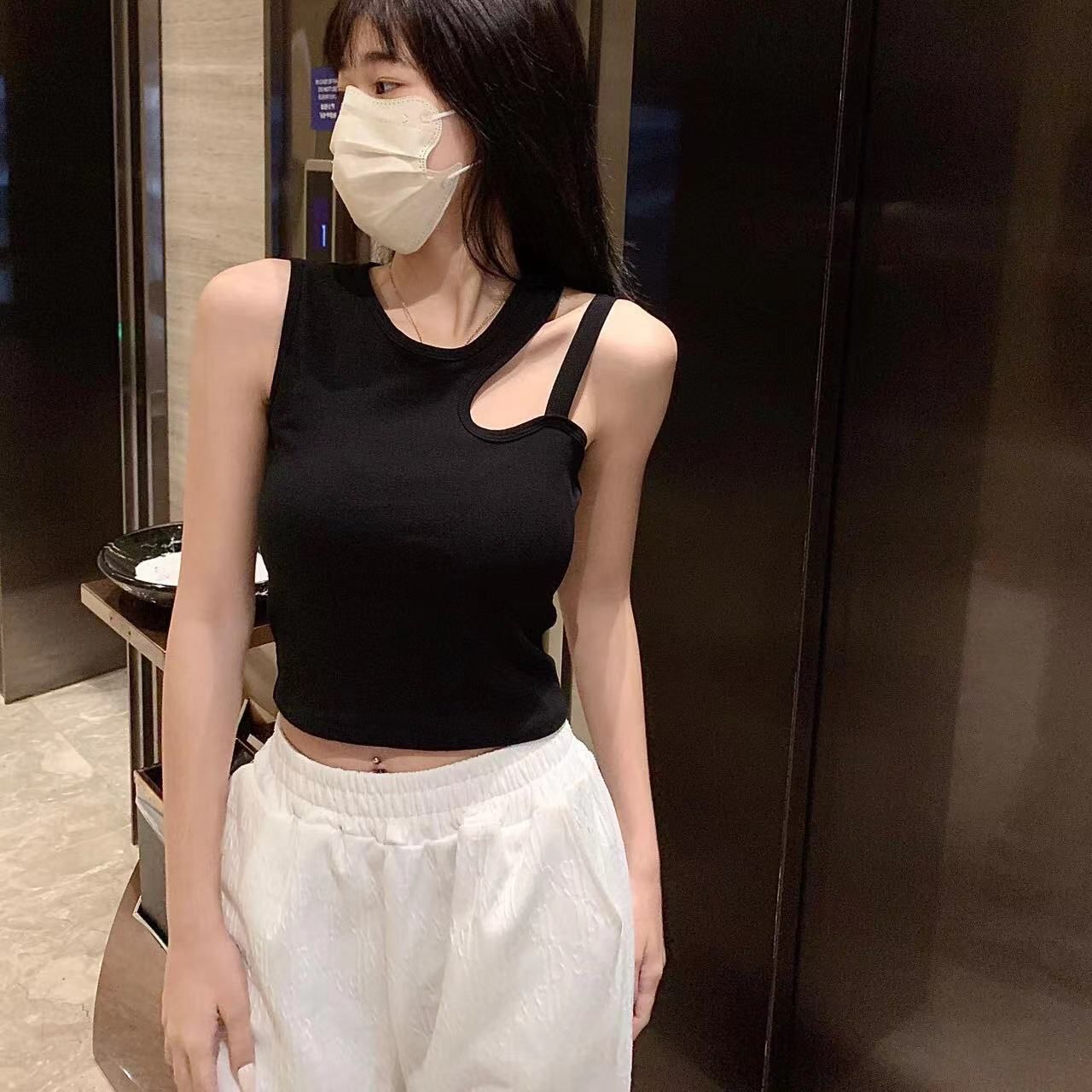 纯棉美背斜肩带不规则背心女辣妹内搭带胸垫短款抹胸外穿吊带上衣