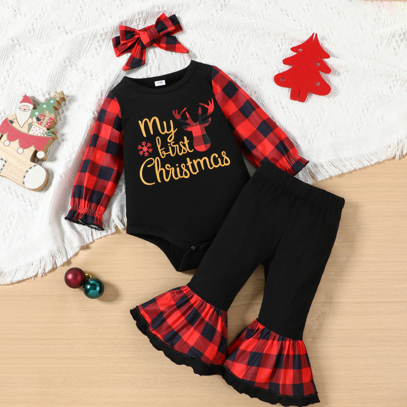 2025婴幼儿童装圣诞first christmas字母麋鹿印花格子三件套