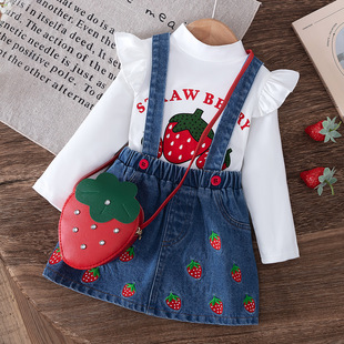 2024新款秋季跨境婴童飞袖印花上衣+背带绣花牛仔短裙配包包3件套