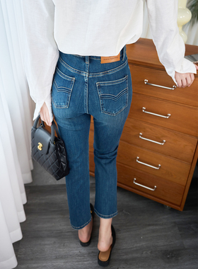 深蓝色高腰直筒提臀牛仔裤女九分加绒显瘦小个子烟管2025冬季