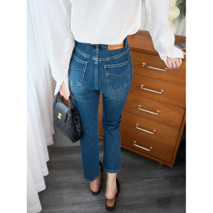 深蓝色高腰直筒提臀牛仔裤 女九分加绒显瘦小个子烟管2025冬季