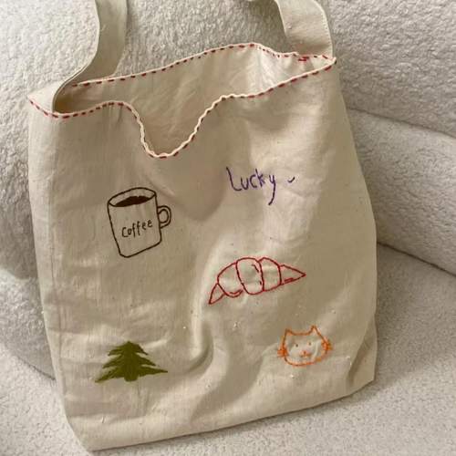 日系简约刺绣百搭文艺帆布包