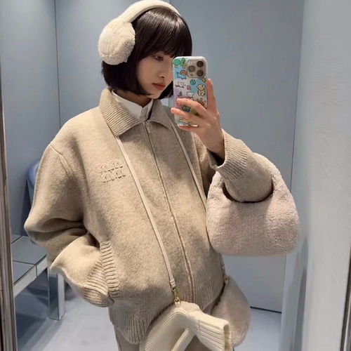 affixow MIU风刺绣开衫羊毛外套保暖针织拉链徽标外套男女同款潮