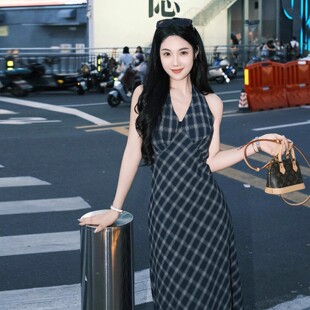 海边度假格子露背挂脖蓝色连衣裙子女夏季 长裙 2025年新款 流行爆款