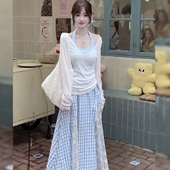蕾丝拼接格子半身裙三件套 夏季 微透V领白色罩衫 T恤女挂脖背心套装