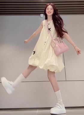 法式黄色无袖花苞连衣裙子女夏季2025新款小个子气质背心a字短裙