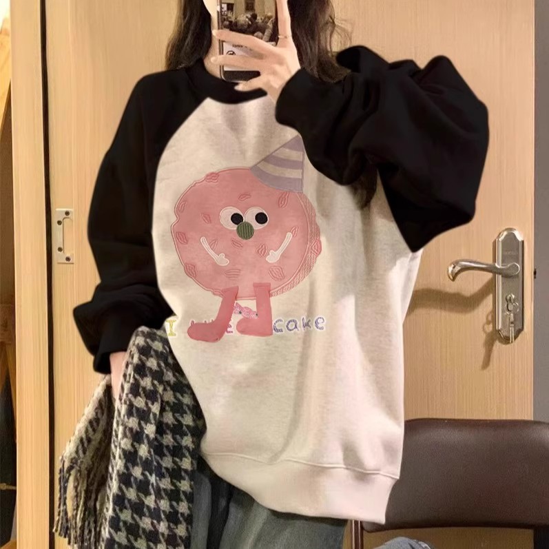 大码300斤宽松薄款插肩袖卫衣女秋冬款港味chic圆领加绒外套女装