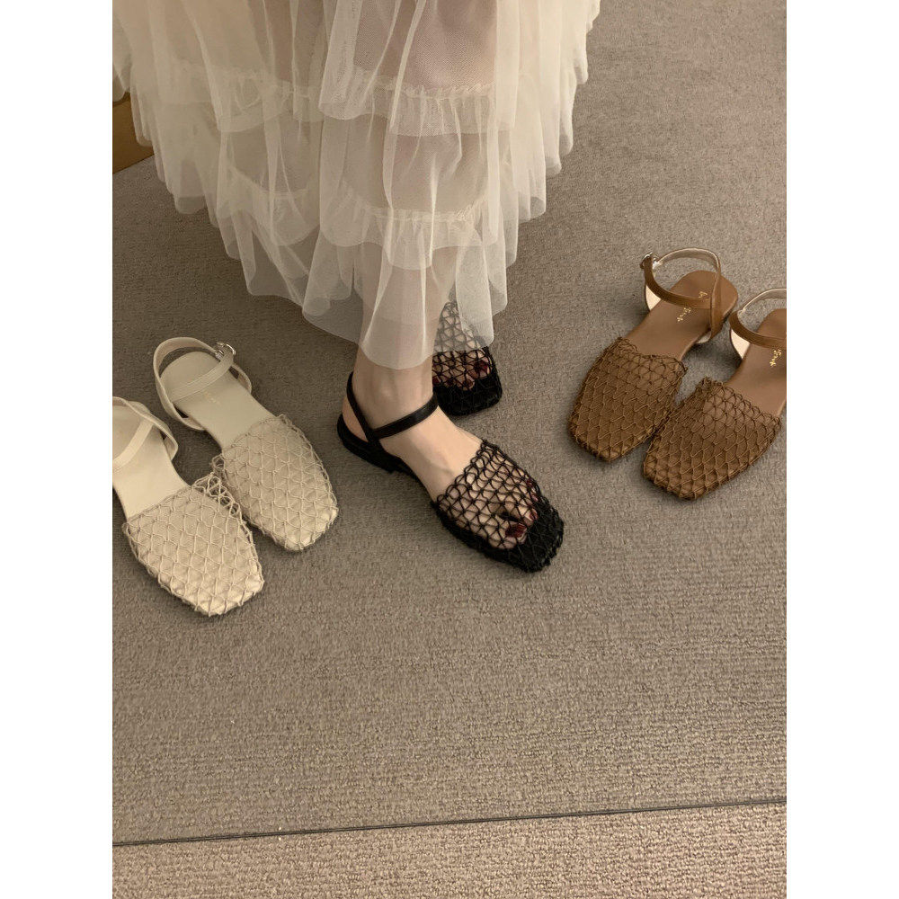 包头法式网纱黑色气质凉鞋女粗跟温柔仙女旅游度假一字带罗马单鞋