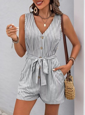 Striped Pants V-neck Classic 休闲条纹连体短裤V领经典